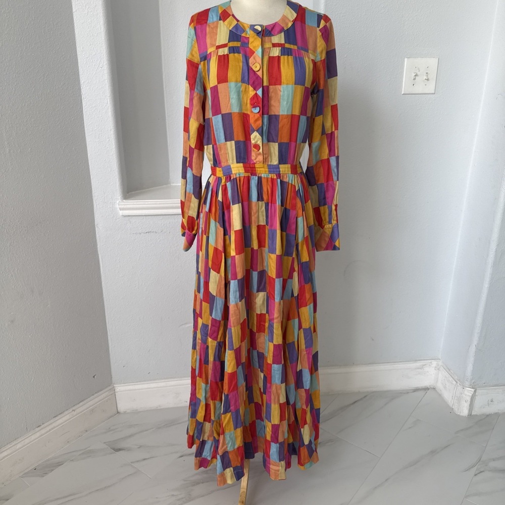 Maxi Dress M Colorblock Rainbow Belted Boho 80s Artsy Mod‎ Festival - Picture 8 of 14
